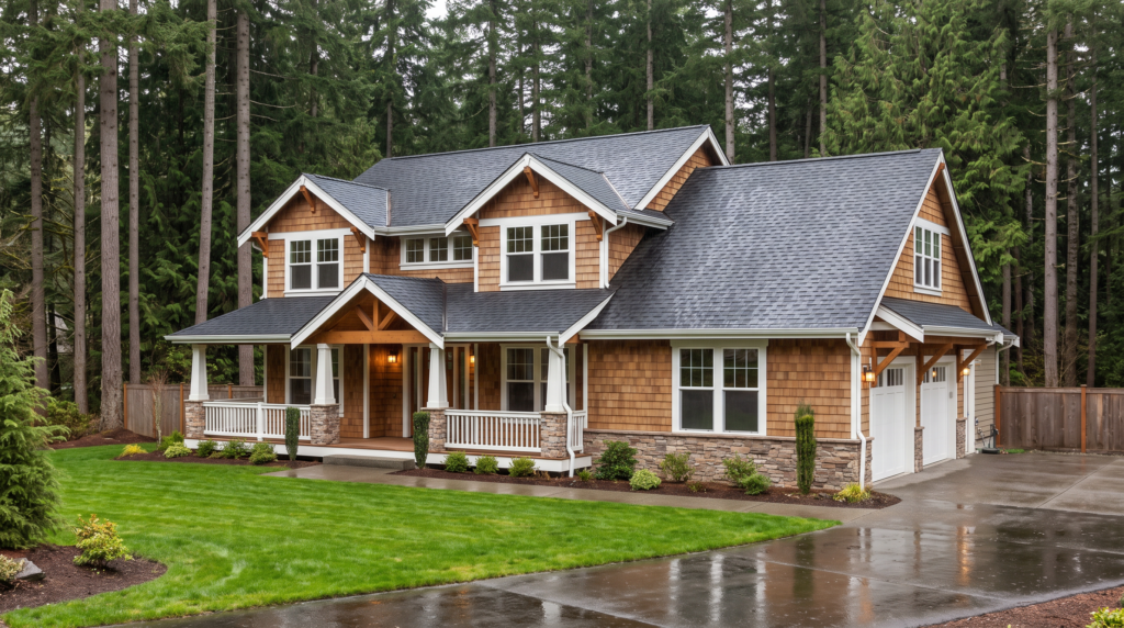Pacific Northwest home with a new charcoal architectural shingle roof in Vancouver, WA
