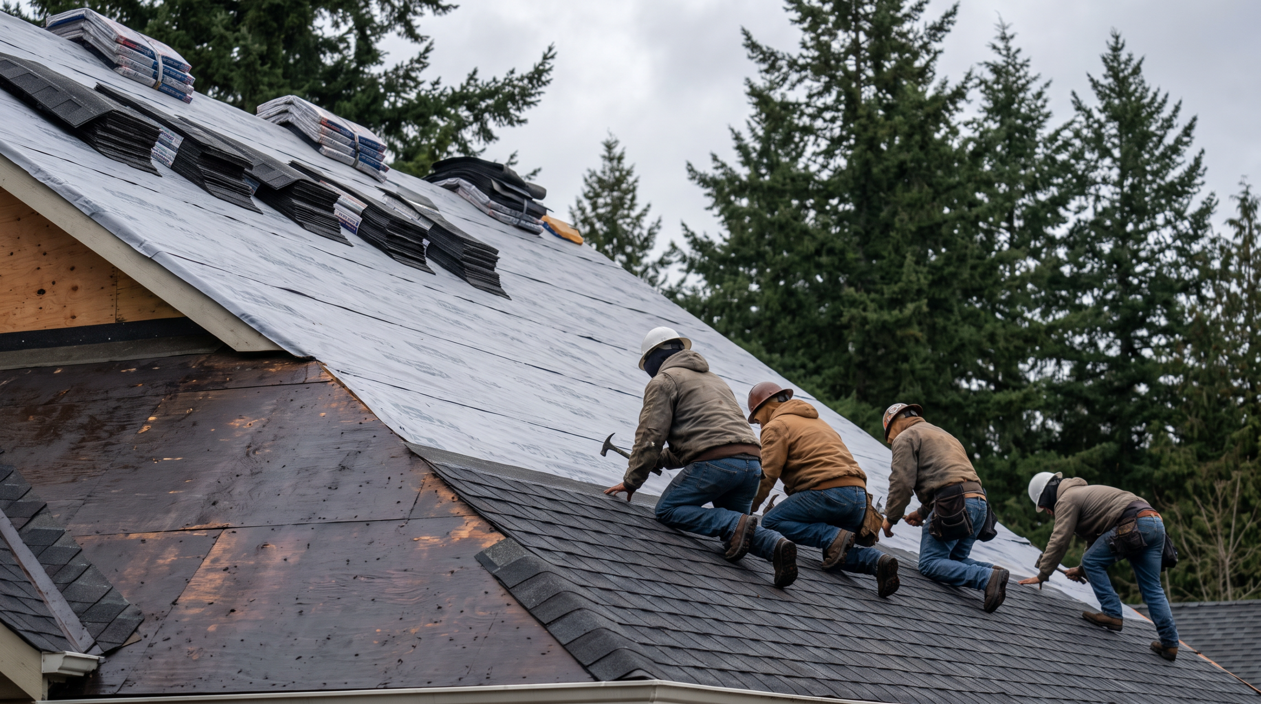 Roof replacement in progress on a Clark County home, with underlayment down and new architectural shingles being laid