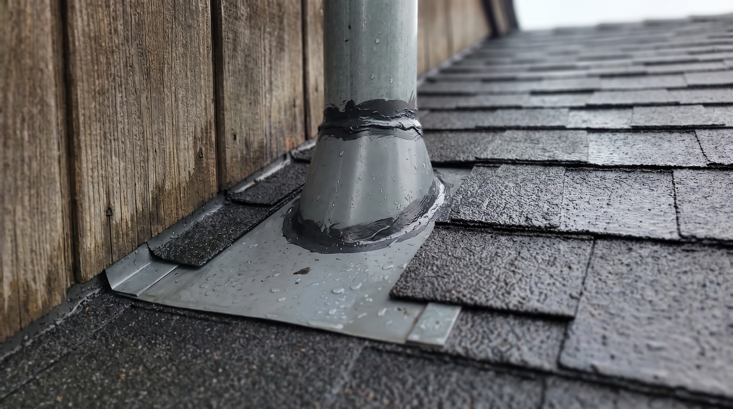 Repaired pipe boot and step flashing where an asphalt shingle roof meets a wall